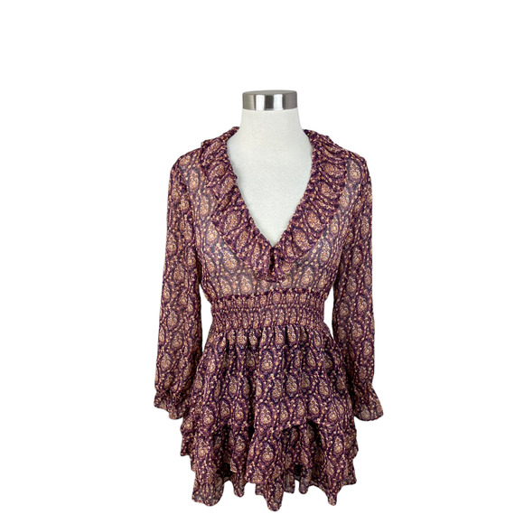 Zara NEW Ruffled Print Boho Dress Purple Gold Metallic V Neck - Picture 1 of 4